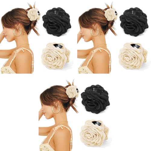 PALAY® 6PCS Rose Hair Claw Clips for Women Aesthetic Large 3.5 In Clutcher Blooming Flower Hawaiian Fashion Black White PALAY® 6PCS Rose Hair Claw Clips for Women Aesthetic Large 3.5 In Clutcher Blooming Flower Hawaiian Fashion Black White